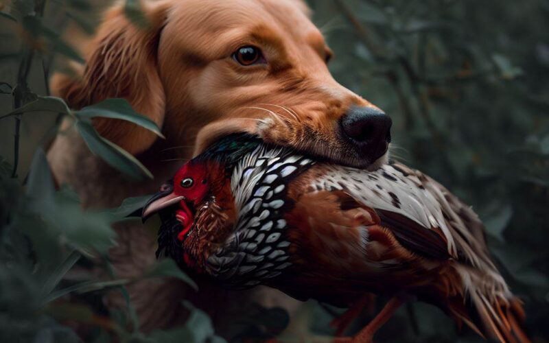 a dog holding a pheasant in its mouth in a bush