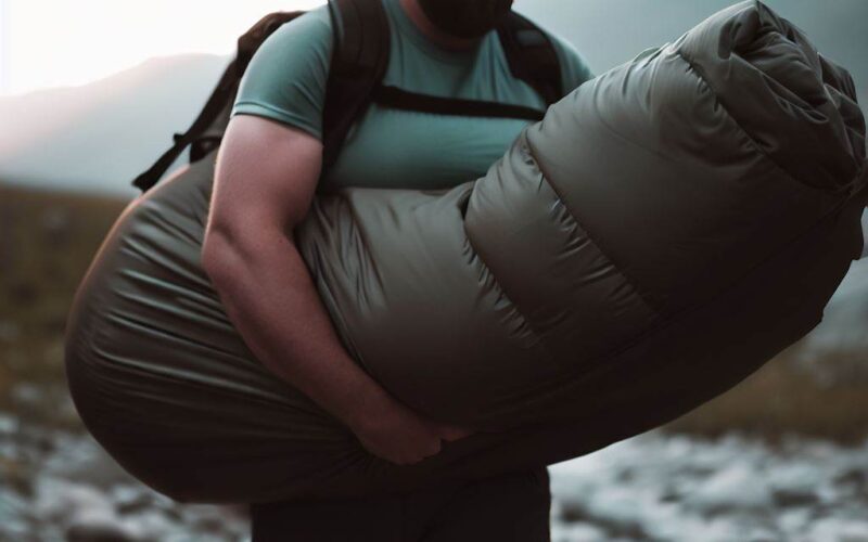 a man holding a sleeping bag weight for backpacking