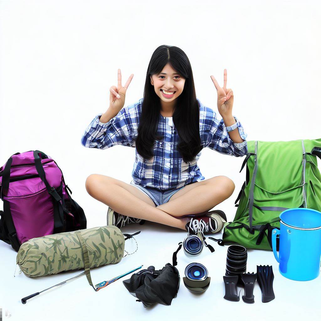 a teenage girl sitting around a set of camping gear for teenager