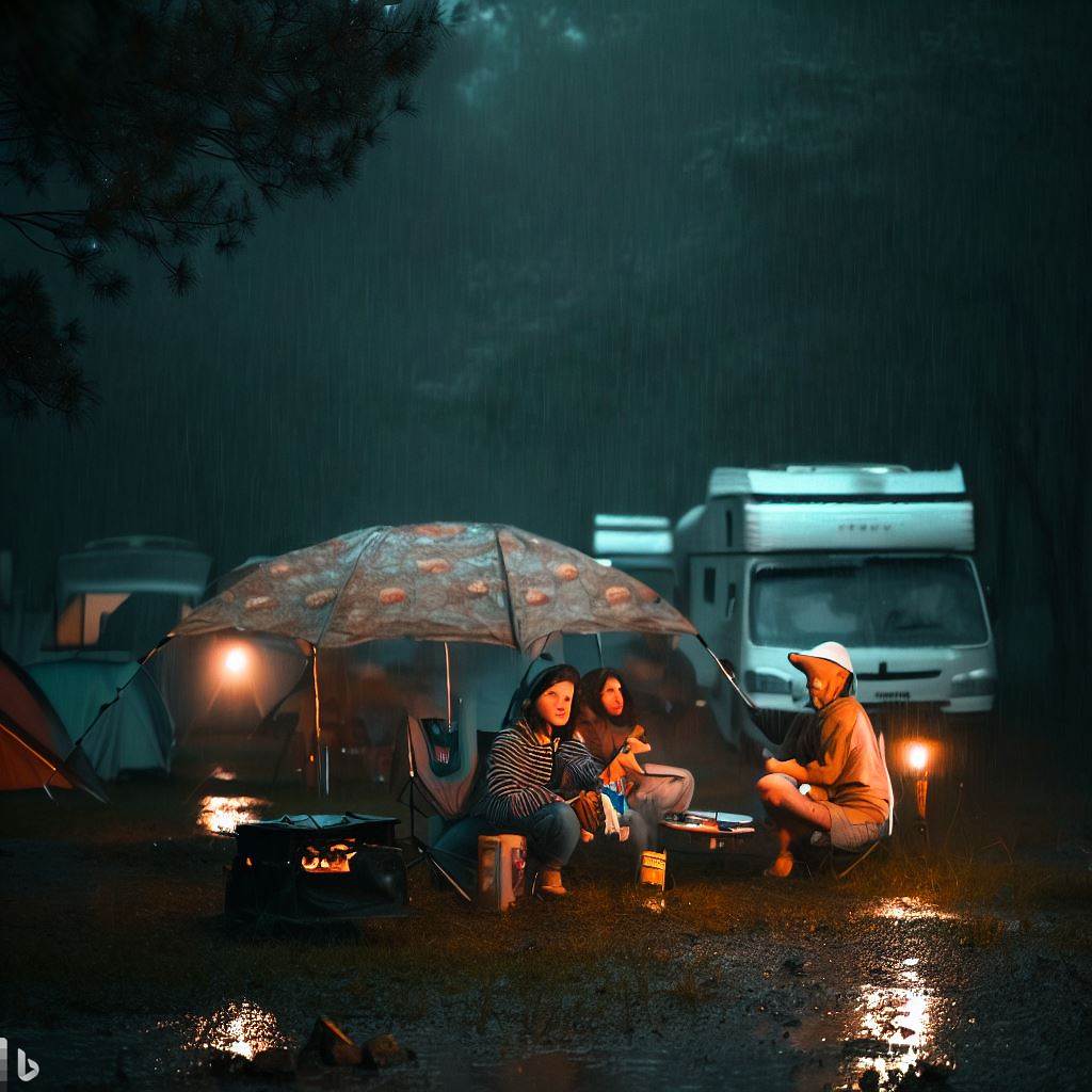 three kids having camping in the rain activities
