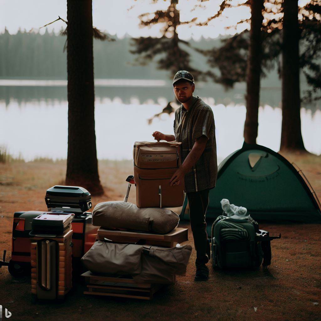 a man  at a camp with camping pack and play