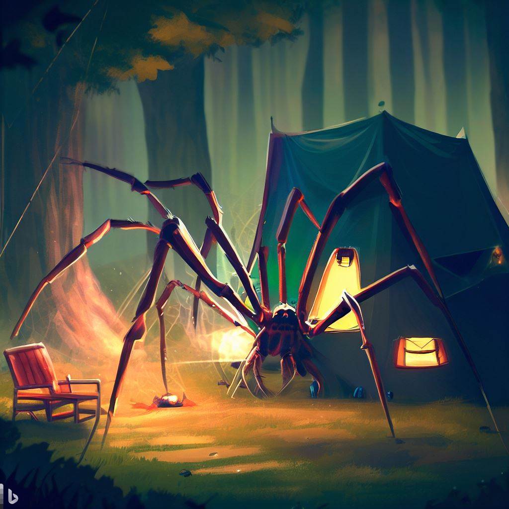 a huge spider in front of a tent 