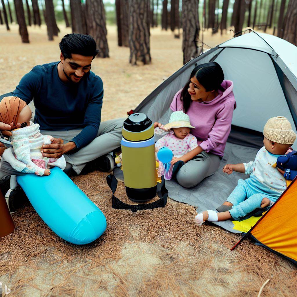 a man and woman with three babies at a camp site