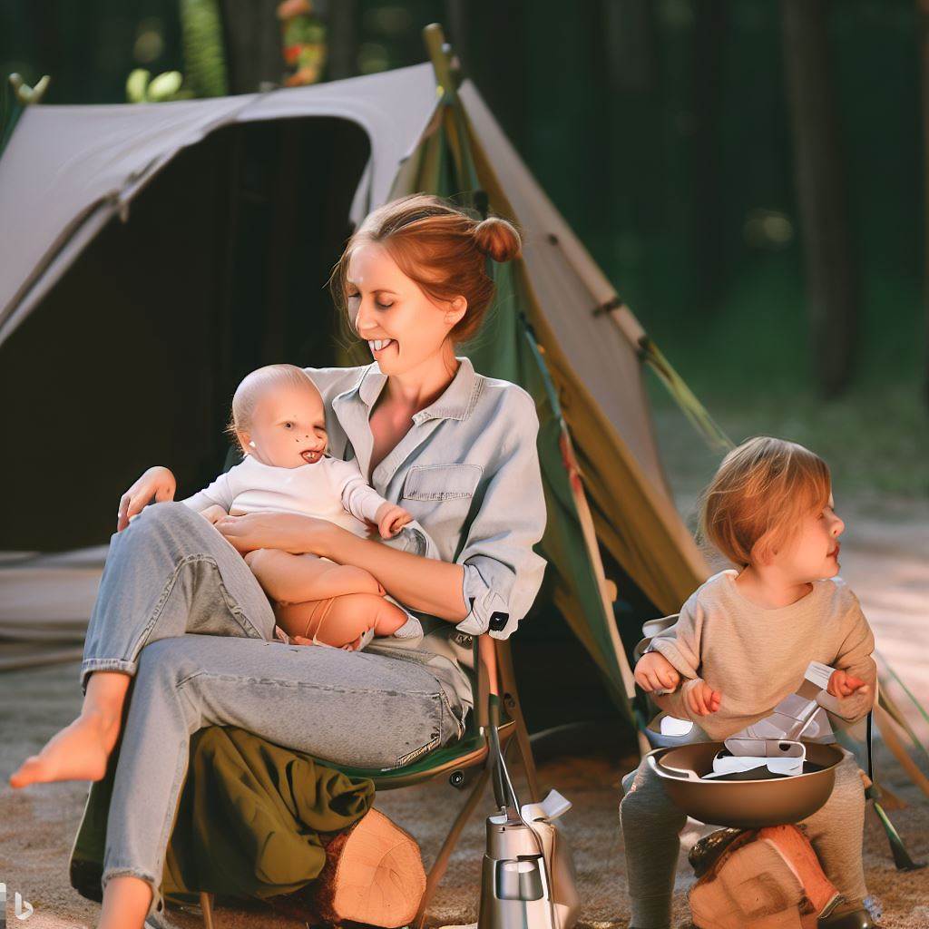a woman and two babies camping