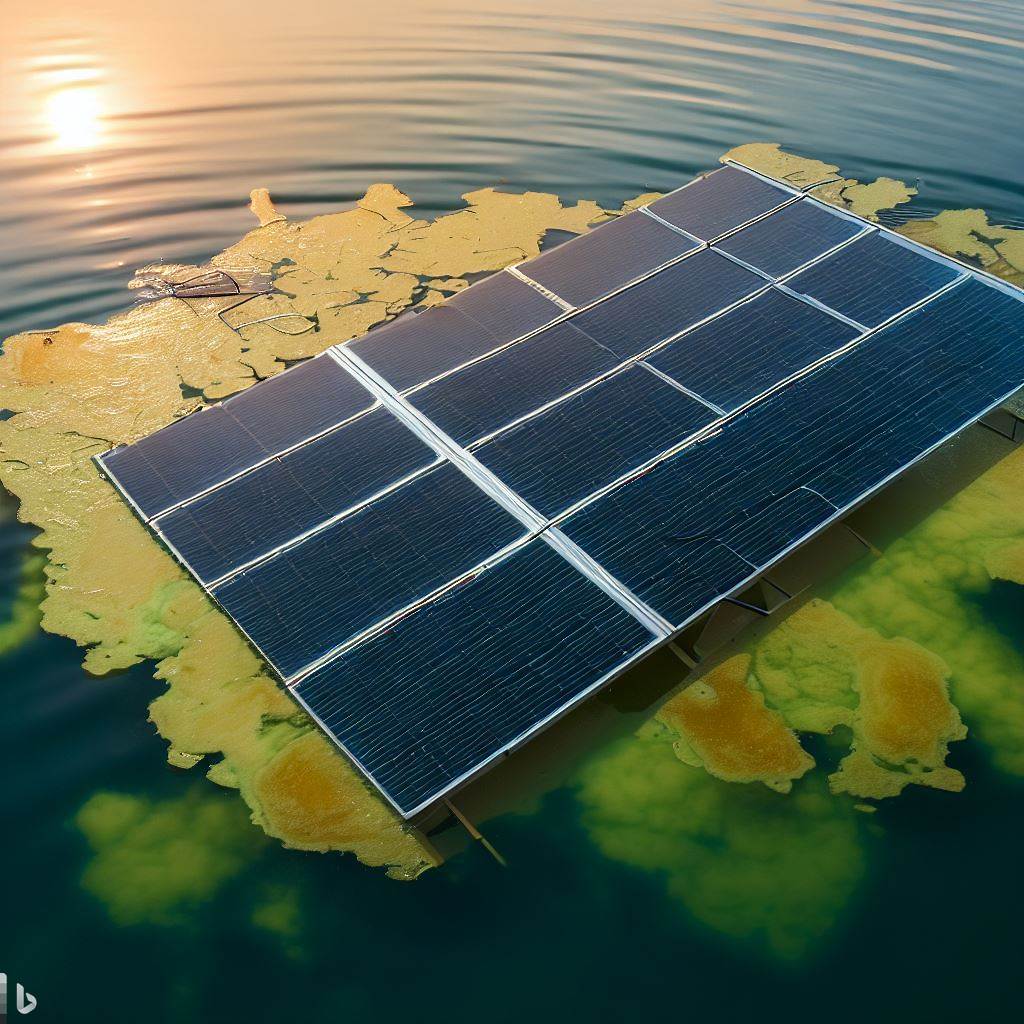 a solar panel in a pool filled with algae