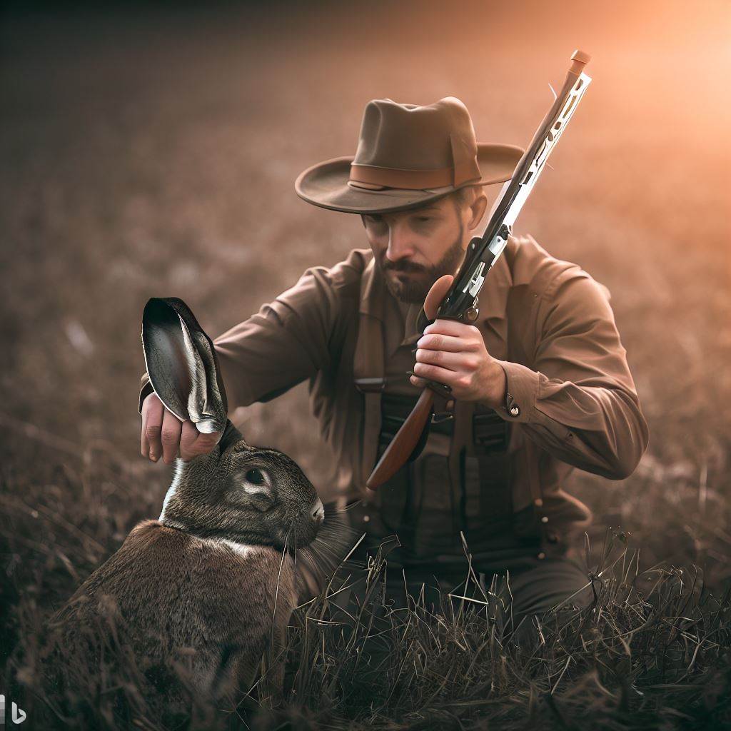 a man holding a gun and squatting in front of a rabbit