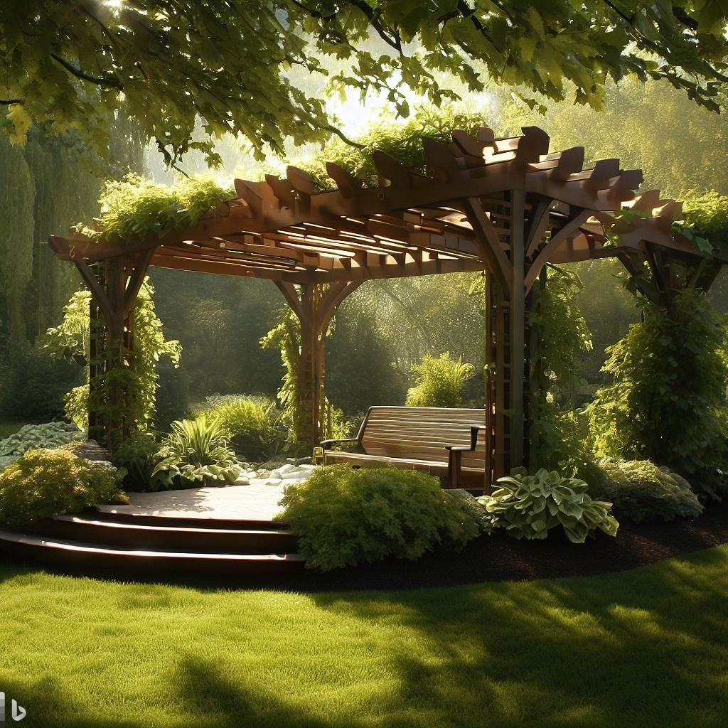 a wooden pergola covered with leaves