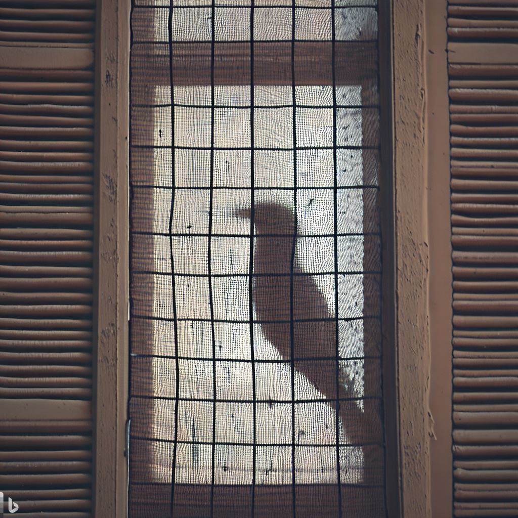 a brown bird netting behind shutters 