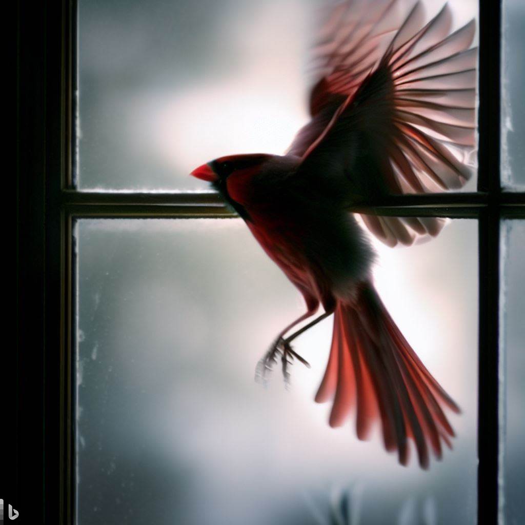 a red cardinal flying into window