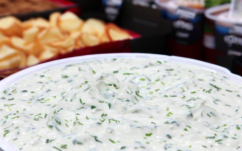 a bowl filled with costco tzatziki dip