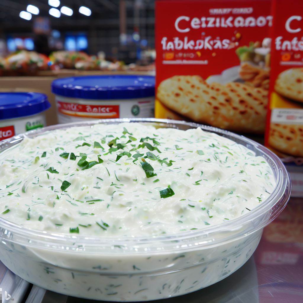 a bowl of costco tzatziki dip and wafers
