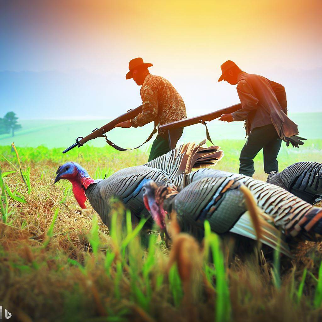 two men in a field trying to hunt turkeys
