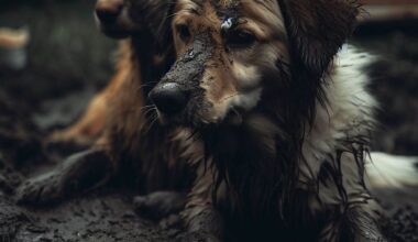 two dogs covered with mud