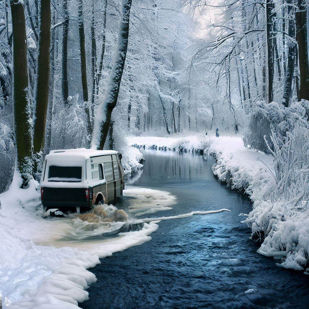 a bus in a forest covered with snow