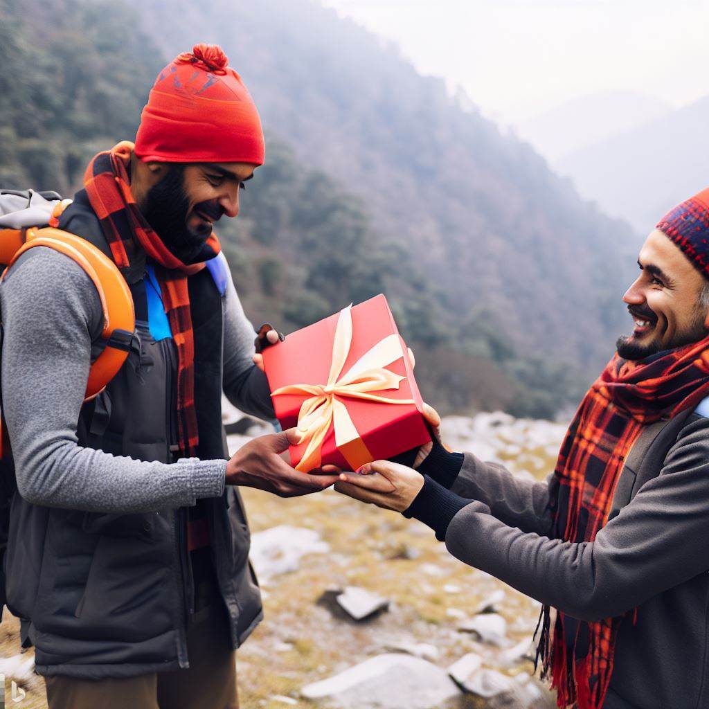 a man giving a gift to his friend at a camp