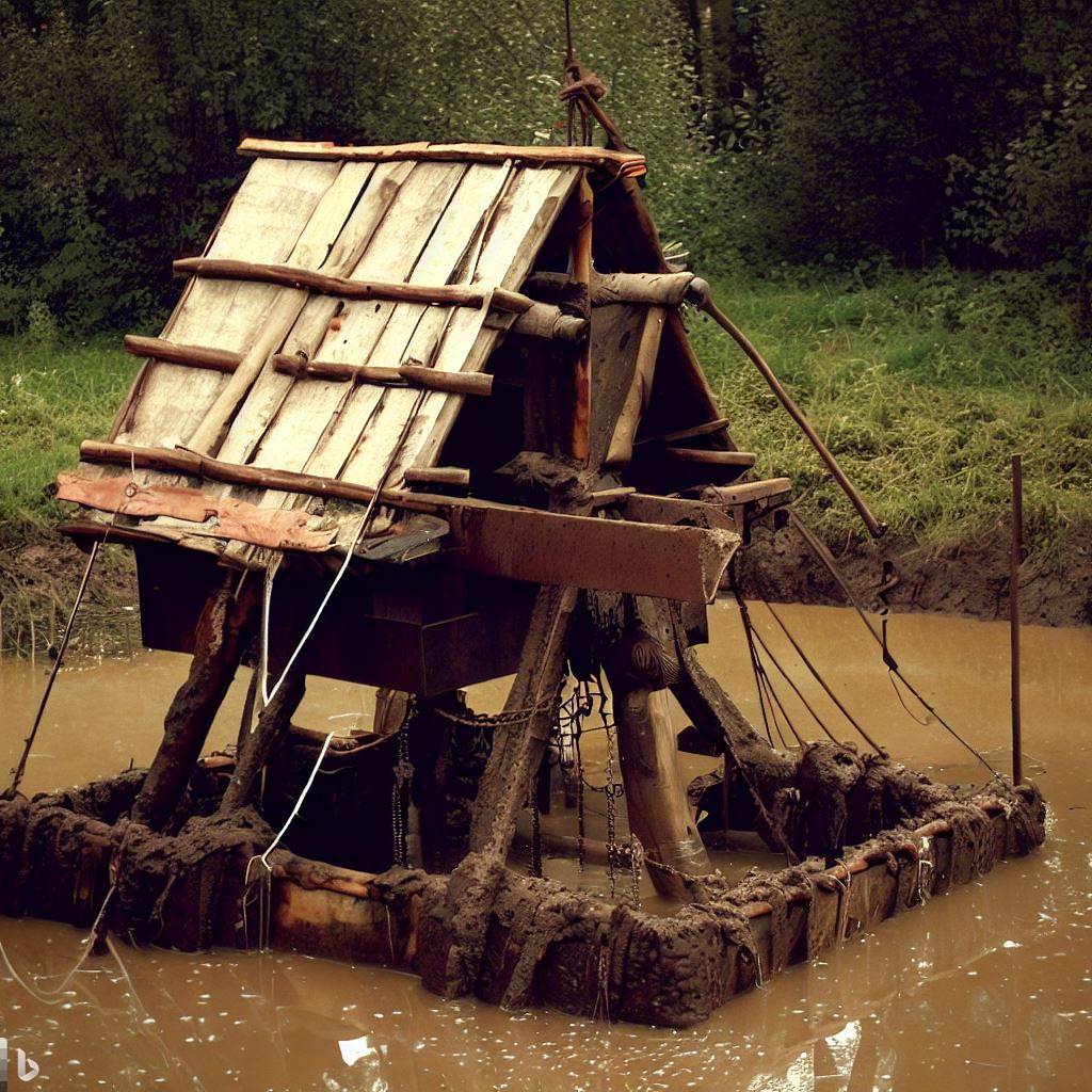 a homemade muck dredge with a wooden roffing