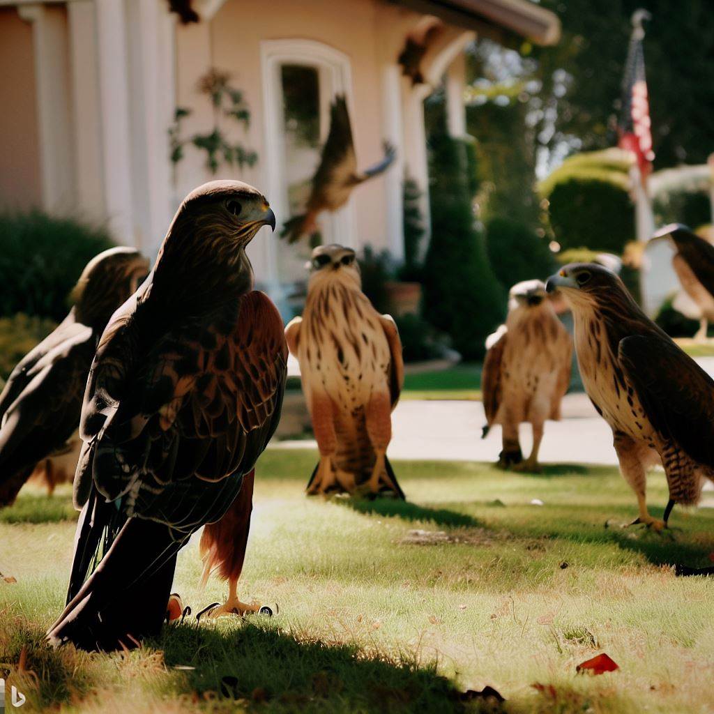 a group of hawks standing in a yard