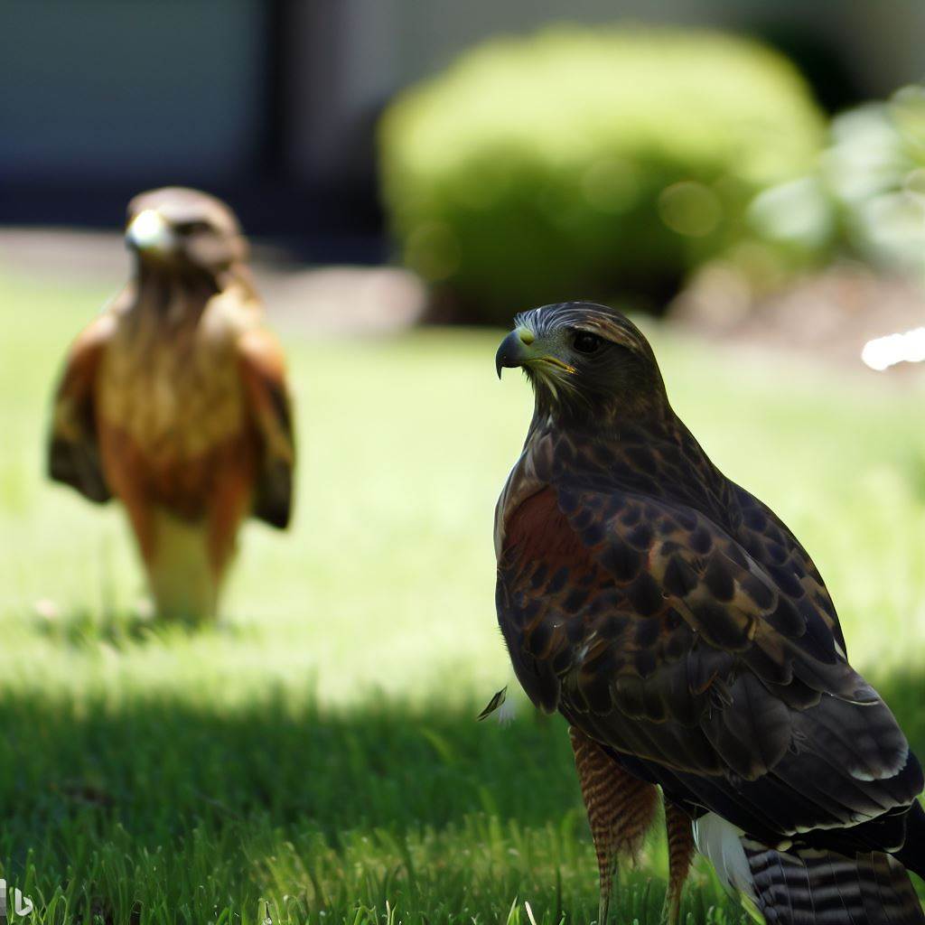 two hawks standing on a grass in a yard 