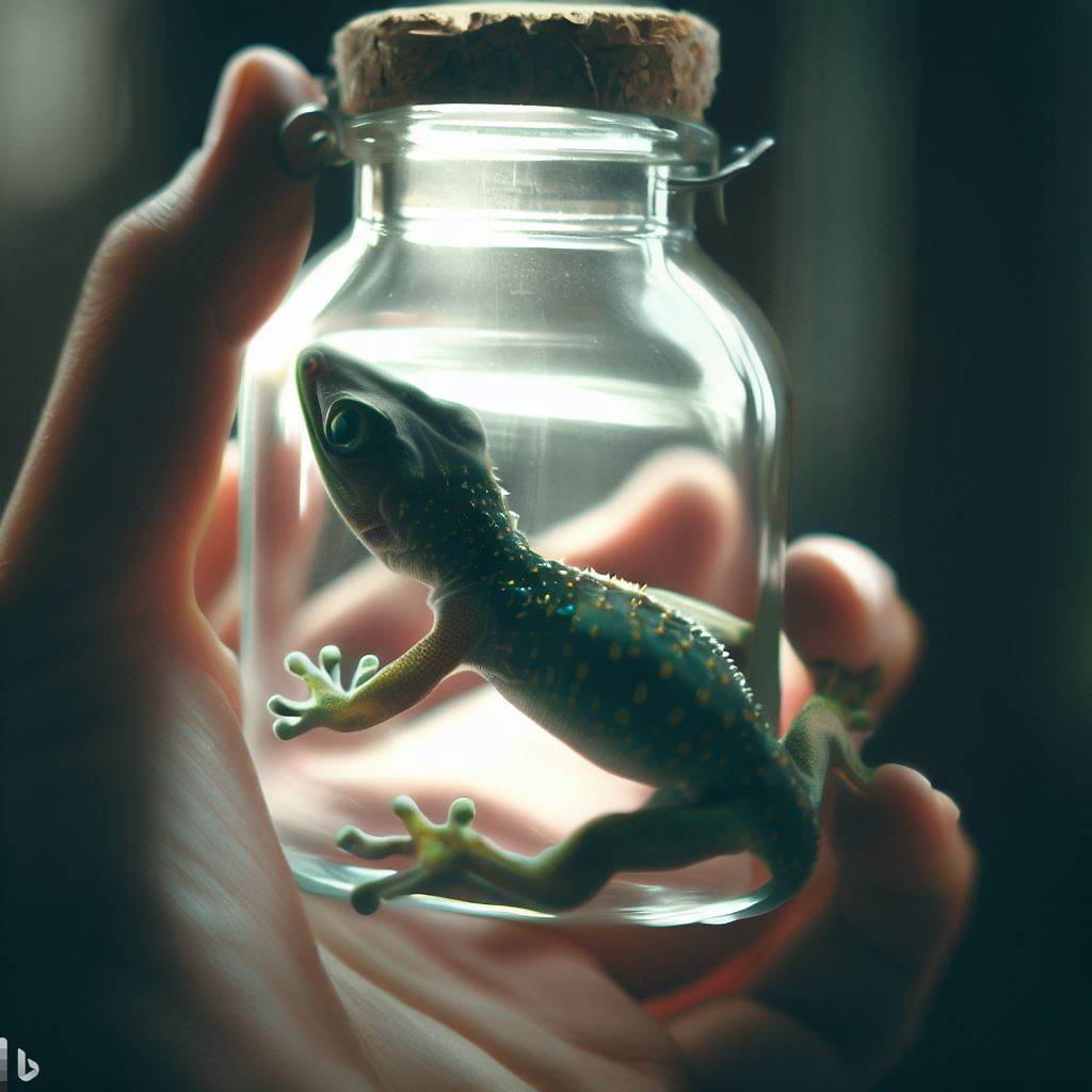 a glass bottle containing a gecko