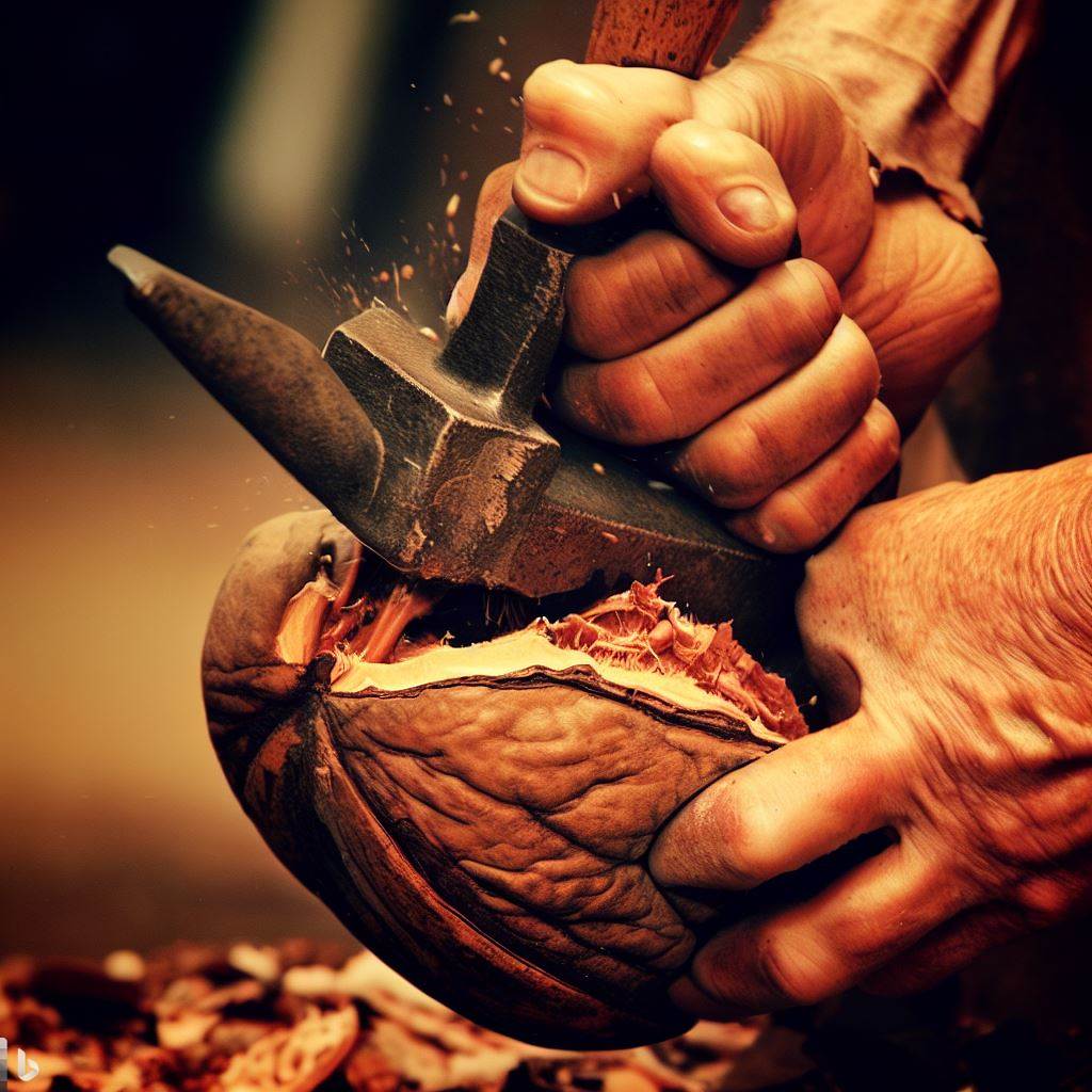 a hand opening a hickory nut 