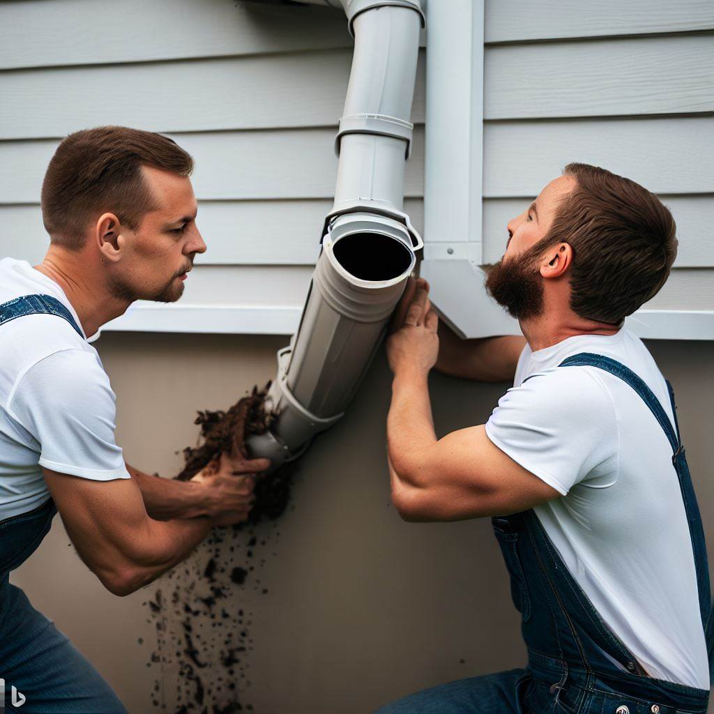 two men fixing a downspout extension