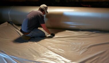 a man installing a vapor barrier in a crawlspace