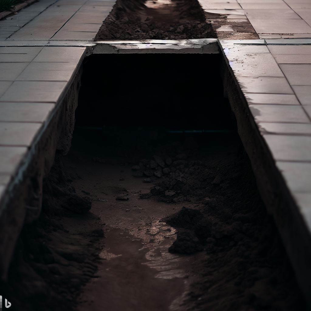 a trench in a sidewalk filled with sand