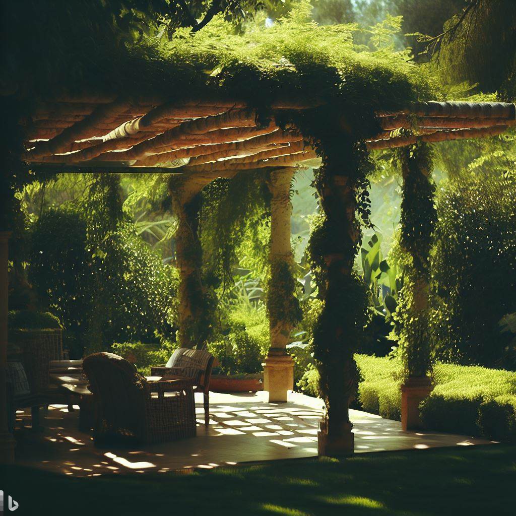 a pergola surrounded by bush
