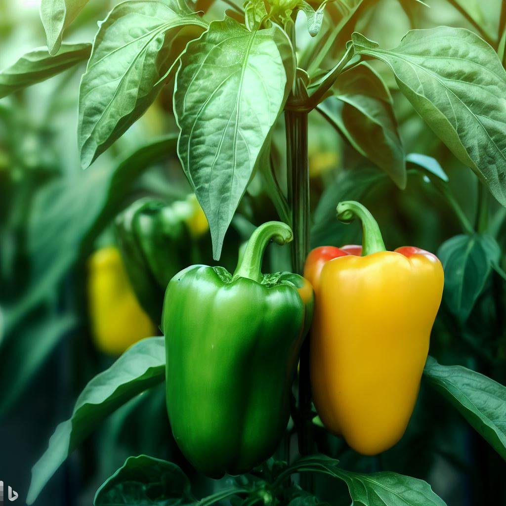 a green and yellow ball peppers on a pepper plant