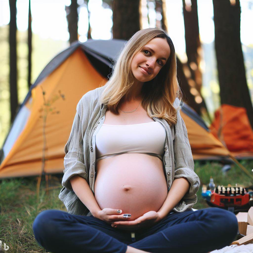 a pregnant camping woman