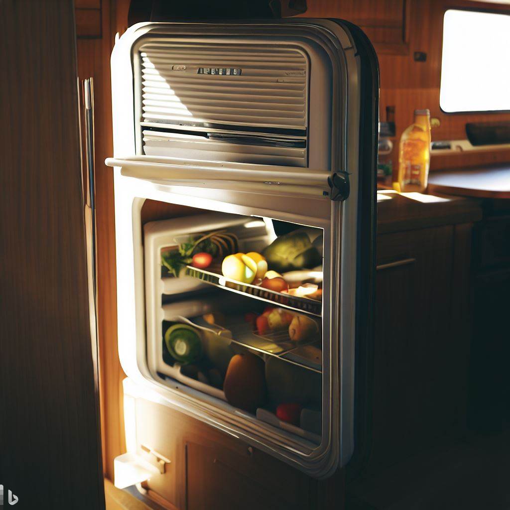 a travel trailer refrigerator with fruits and vegetables 
