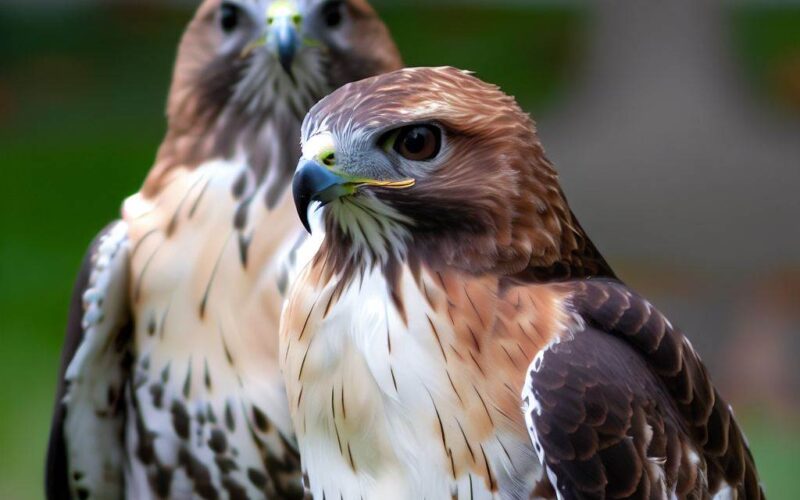 two hawks standing in a yard