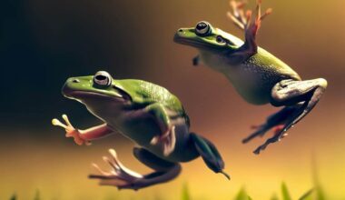 two frogs jumping in a grass