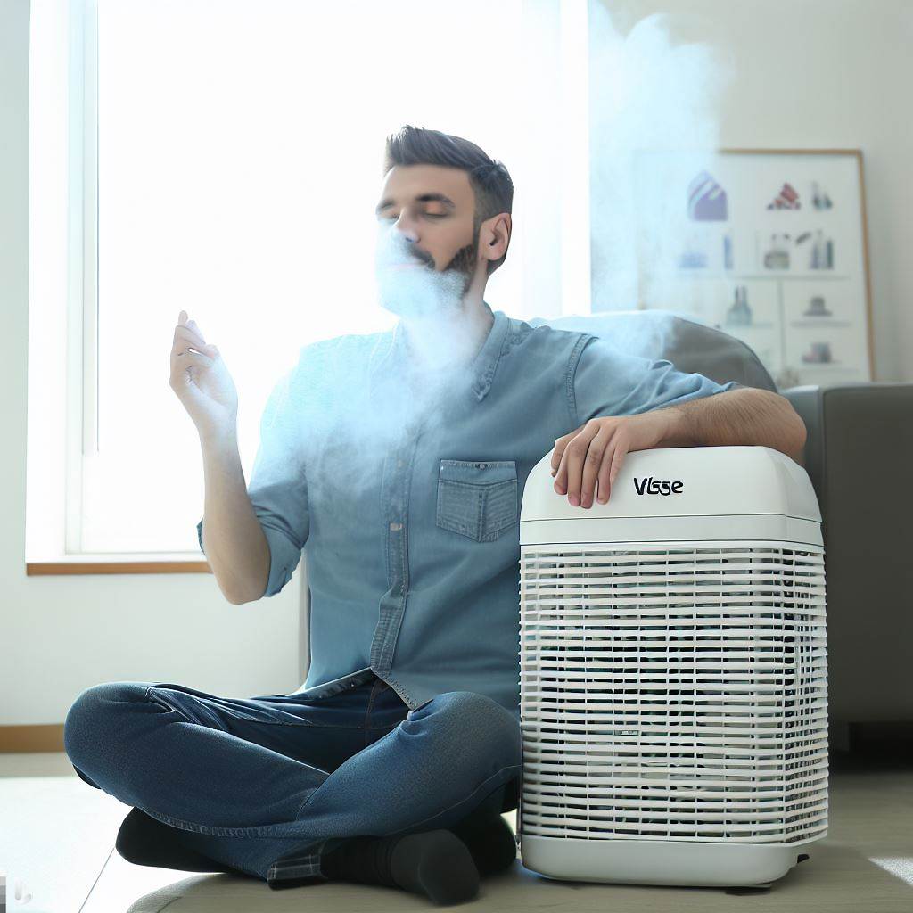a man sitting beside wise air dehumidifier