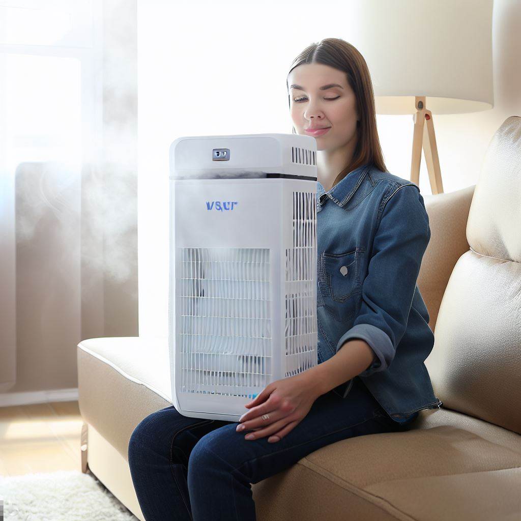a woman holding a wise air dehumidifier 
