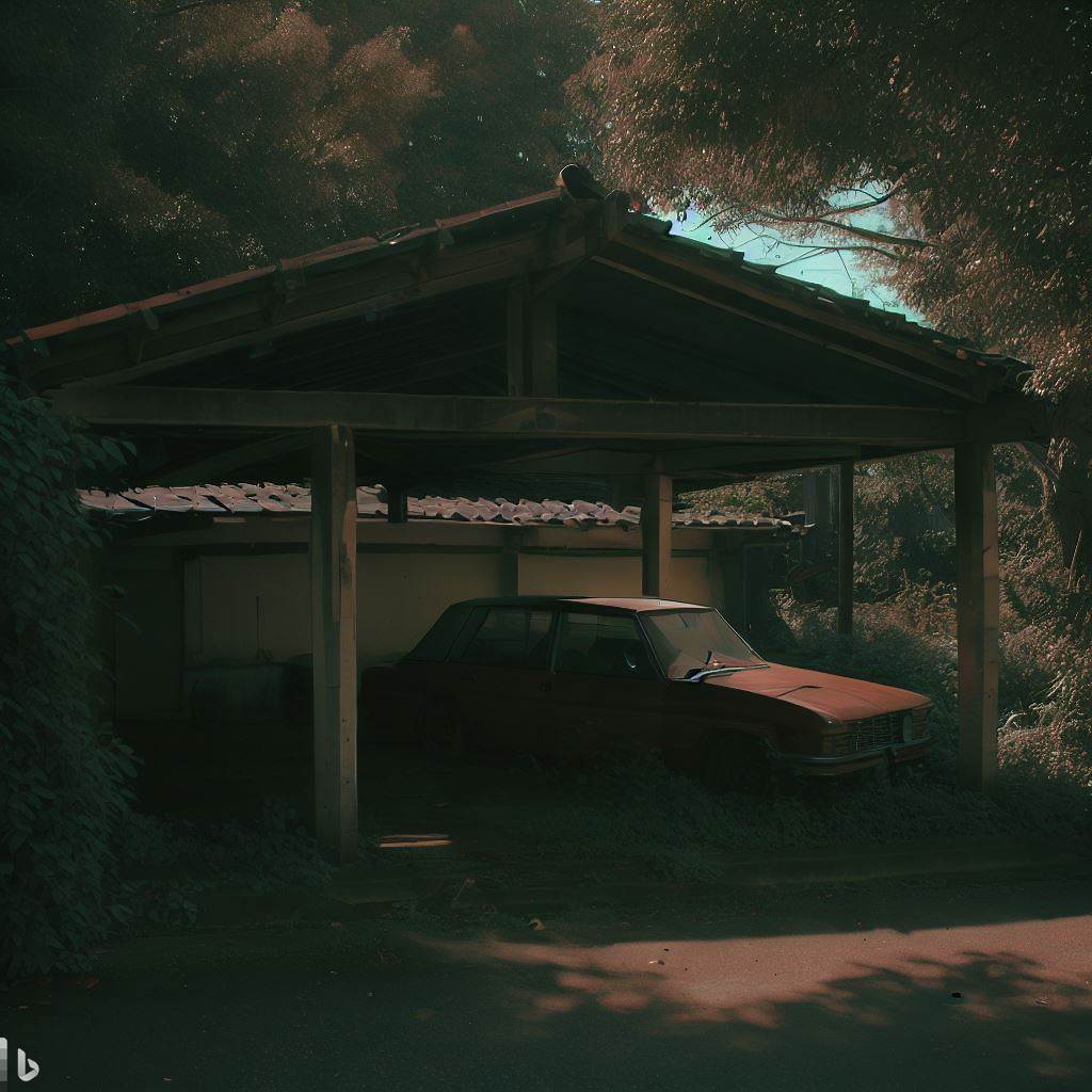 a carport with a red car