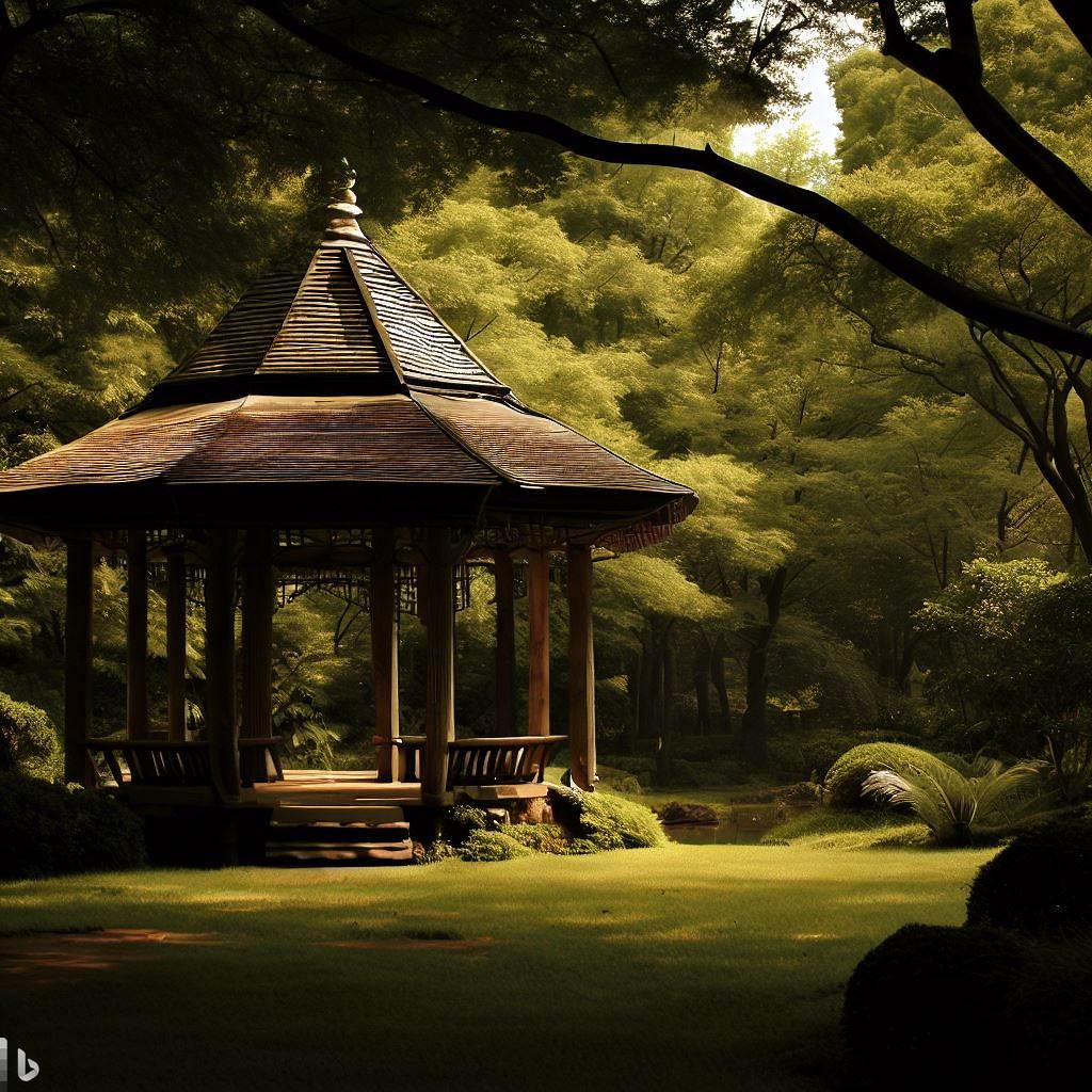 a gazebo in a forest surrounded by trees and grass