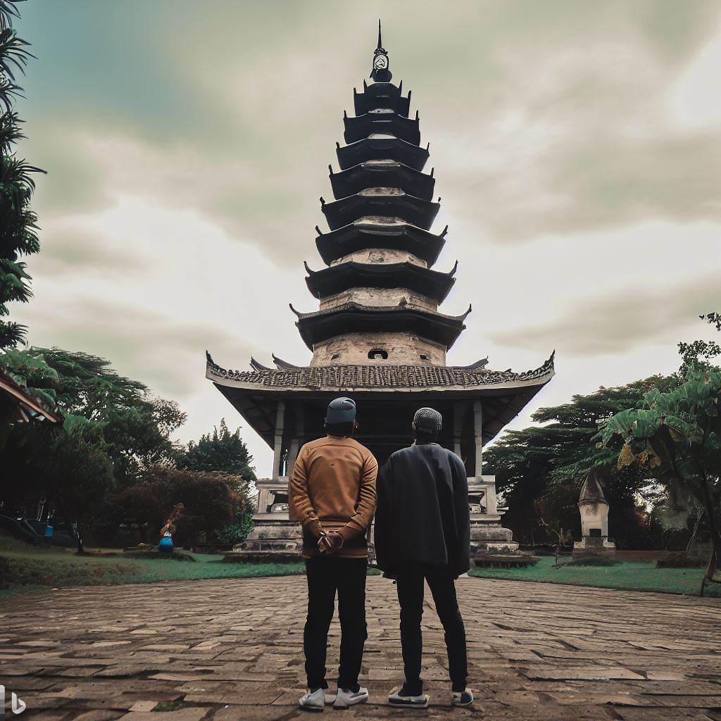 two men standing in front of a Pagoda