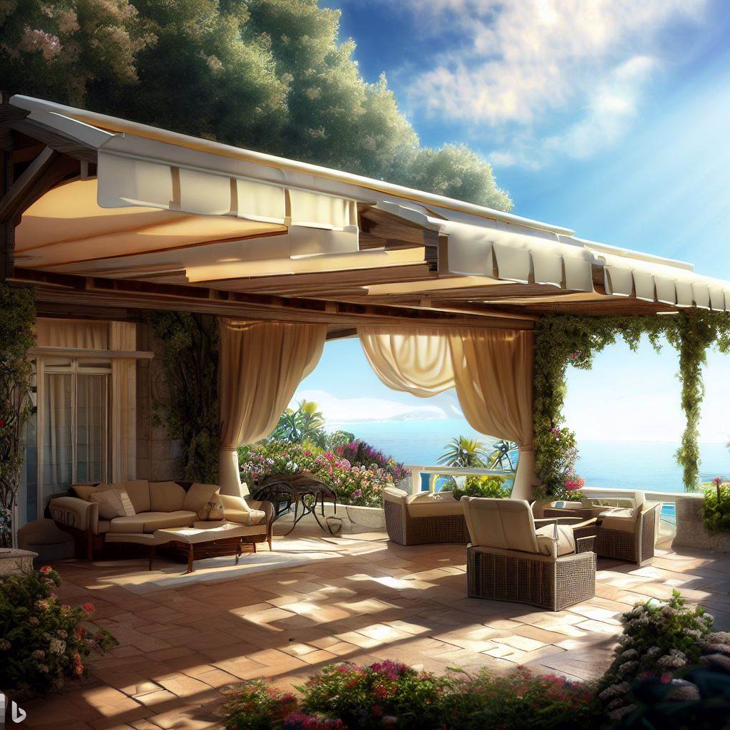 Pergola with Retractable Awning surrounded by flowers