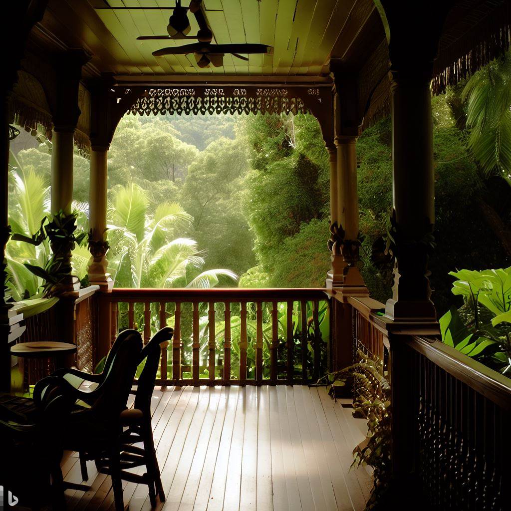 a verandah with trees around it
