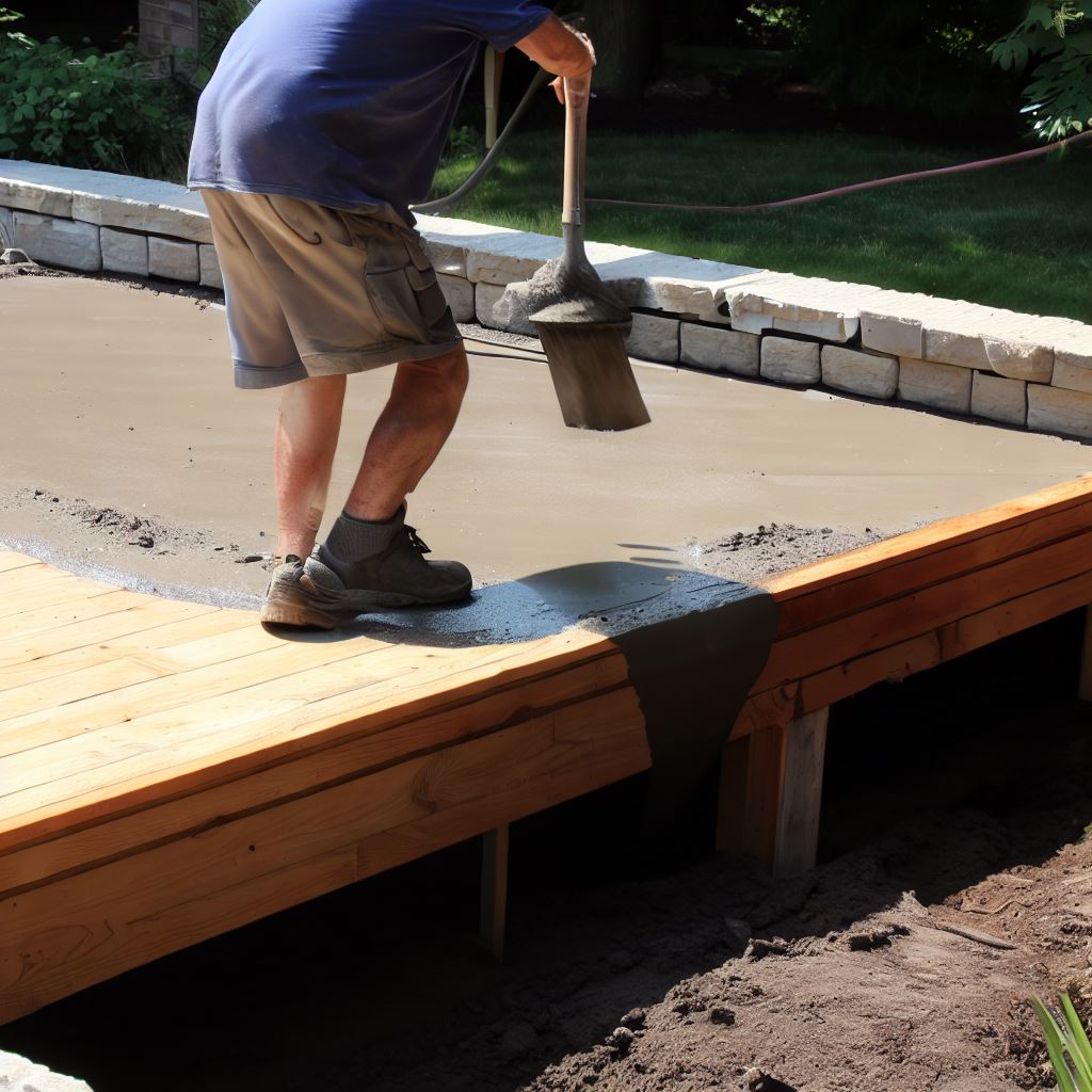 a man adding deck to concrete patio