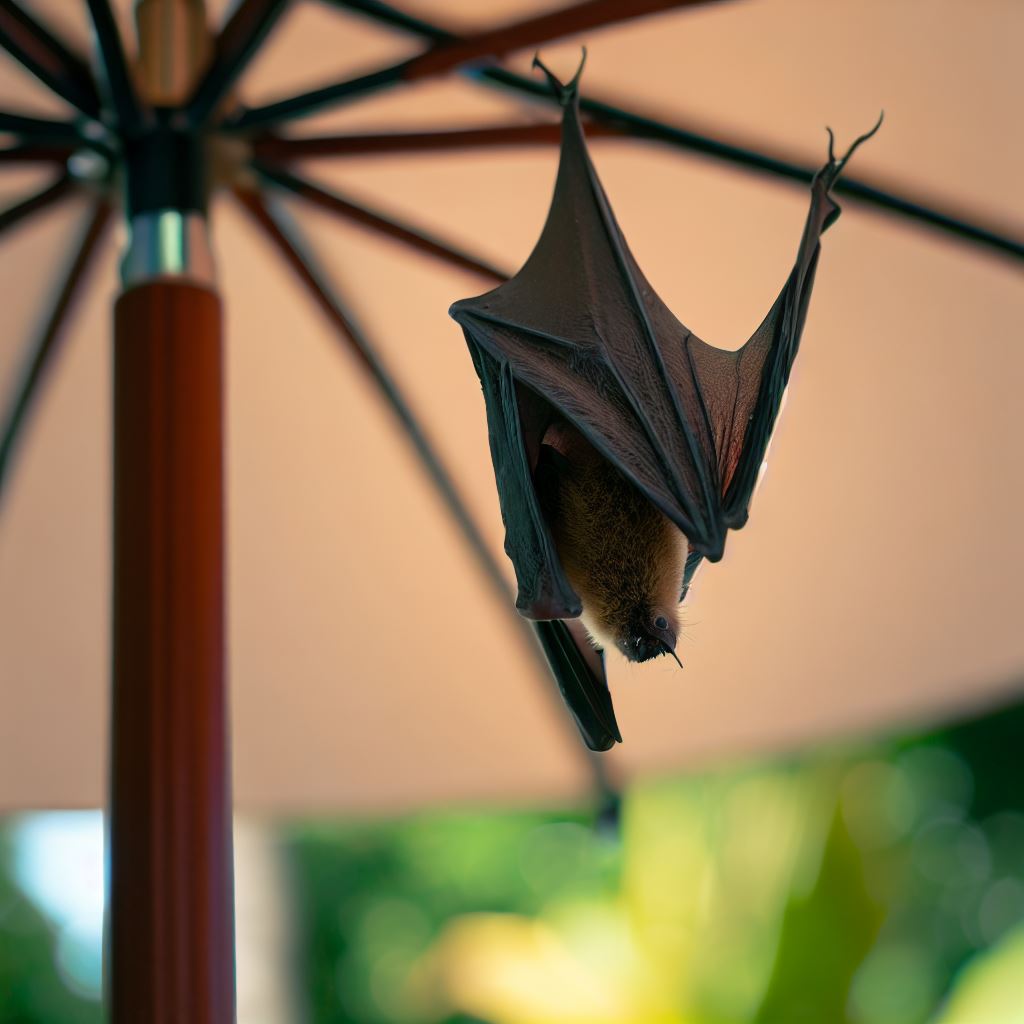 bat hanging in patio umbrella