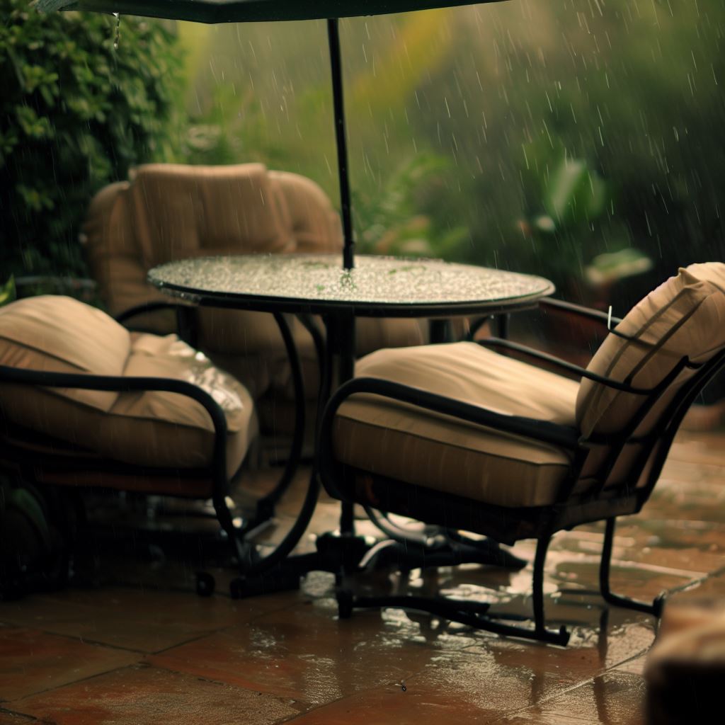 rain falling on a set of patio furniture