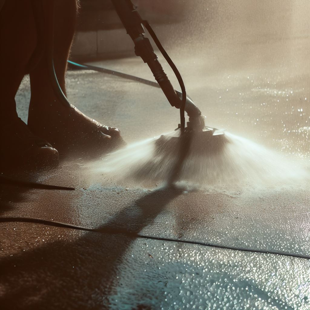 washing concrete floor with a pressure washer