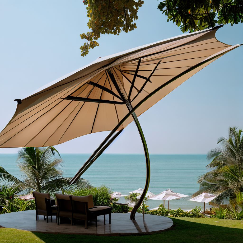 a cantilever umbrella in wind closer to a beach