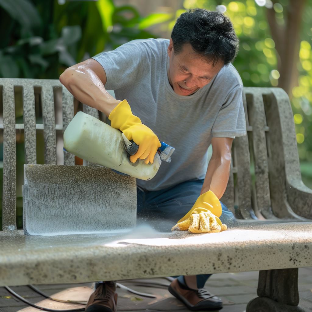 a man cleaning a concrete bench