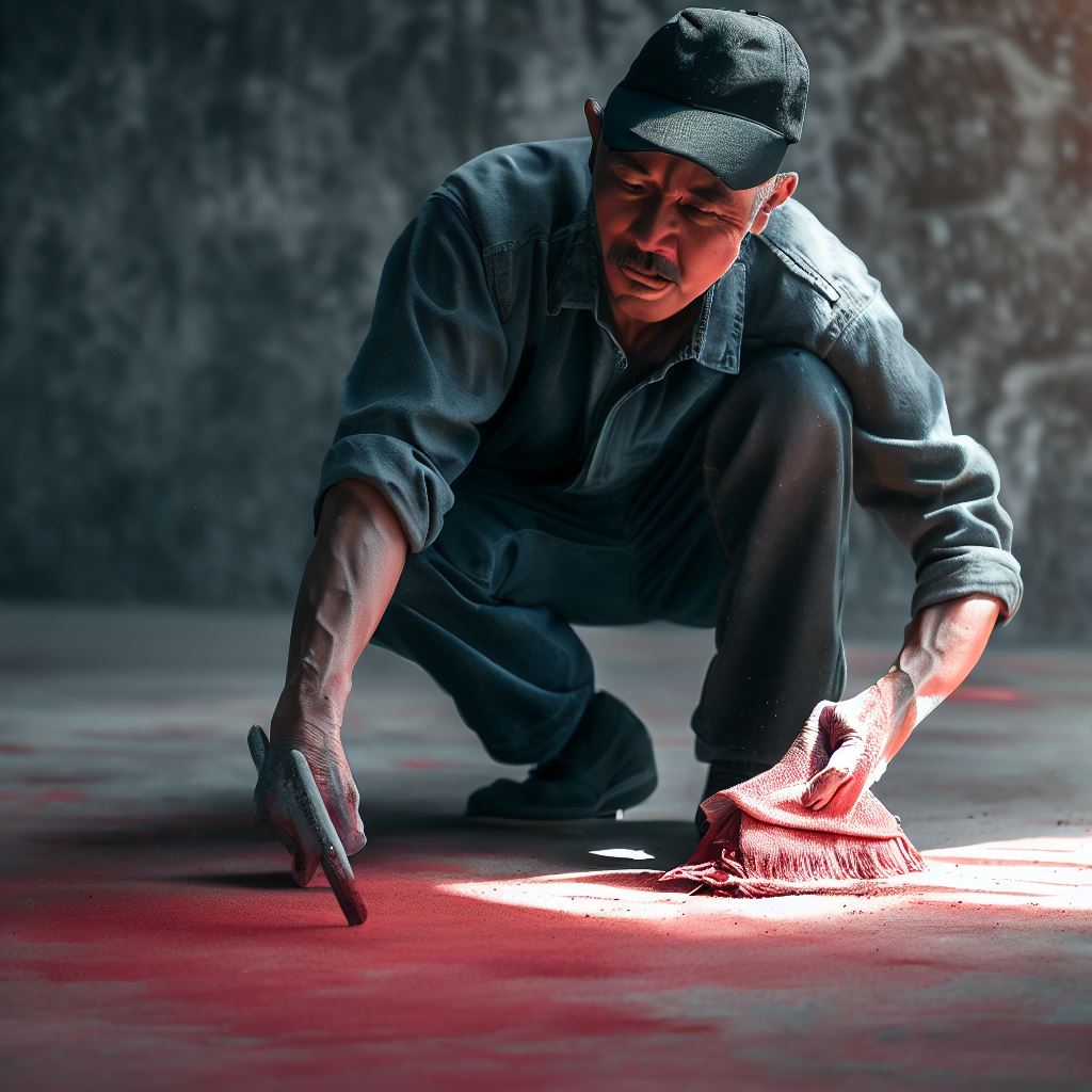  a man cleaning red from concrete