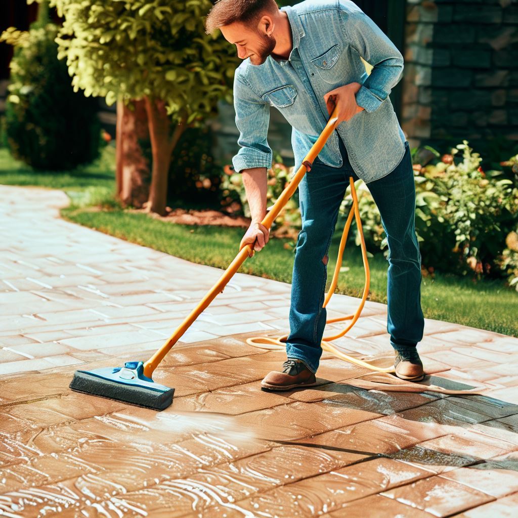 a man cleaning stamped concrete outdoors