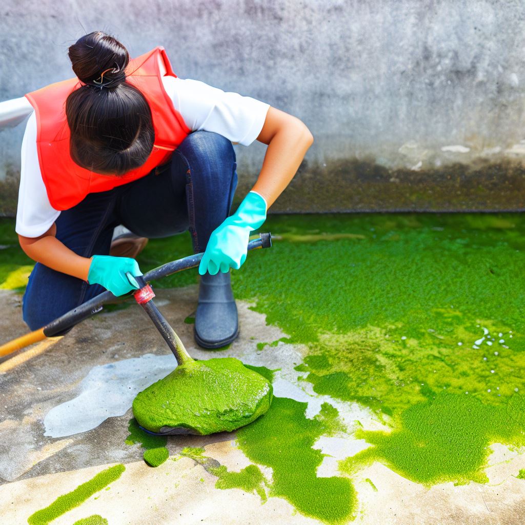 a woman killing algae on concrete