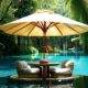 in pool umbrella with table